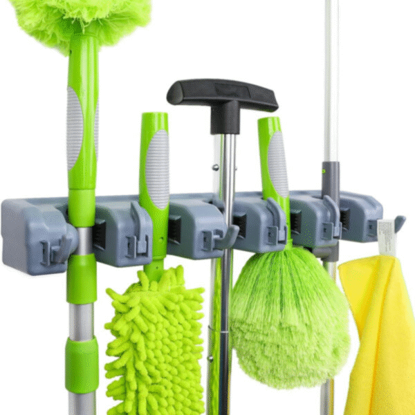 Wall Mount Broom Holder with 5 Slots & 6 Hooks